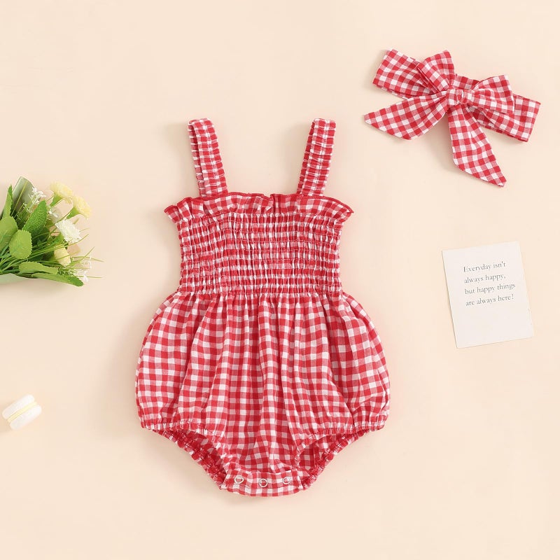 FOMOYUU Newborn Baby Girl Romper Summer Sleeveless Smocked Cotton Linen Clothes Outfit with Headband (Red Plaid, 0-3 Months) - Image 2