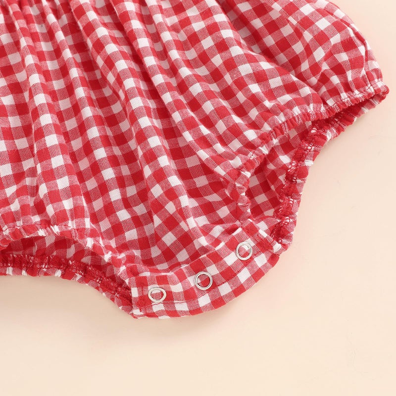 FOMOYUU Newborn Baby Girl Romper Summer Sleeveless Smocked Cotton Linen Clothes Outfit with Headband (Red Plaid, 0-3 Months) - Image 5
