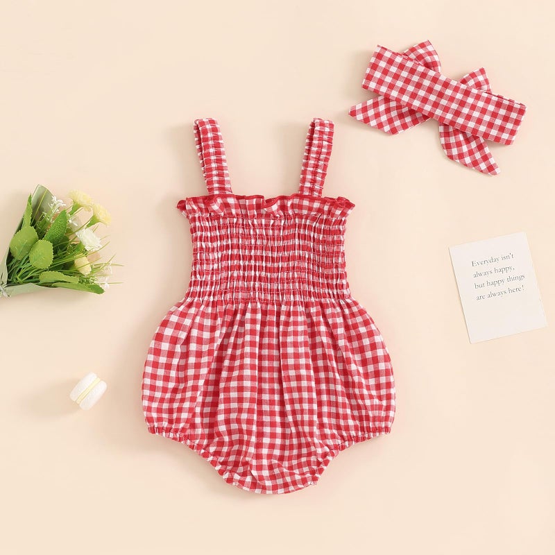 FOMOYUU Newborn Baby Girl Romper Summer Sleeveless Smocked Cotton Linen Clothes Outfit with Headband (Red Plaid, 0-3 Months) - Image 3
