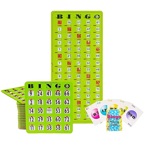 MR CHIPS Complete Bingo Game Set with JamProof Shutter Cards Easy Read Green Edition 25 Reusable Large Print Bingo Cards with Sliding Windows Master Board Calling Cards No Chips Needed - Image 1