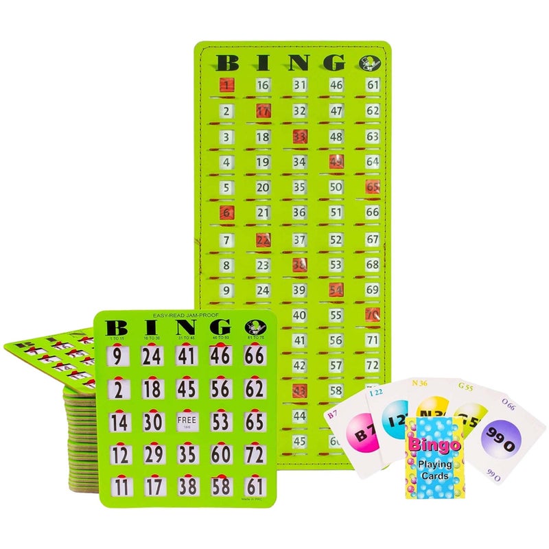 MR CHIPS Complete Bingo Game Set with JamProof Shutter Cards Easy Read Green Edition 25 Reusable Large Print Bingo Cards with Sliding Windows Master Board Calling Cards No Chips Needed - Image 4