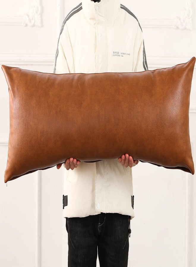 PANOD Decorative Lumbar Throw Pillow Covers 12 x 40,Premium Faux Leather Long Pillow Covers Cushion Case for Farmhouse Sofa Couch Bed Livingroom,Modern Boho,Vegan Brown - Image 1