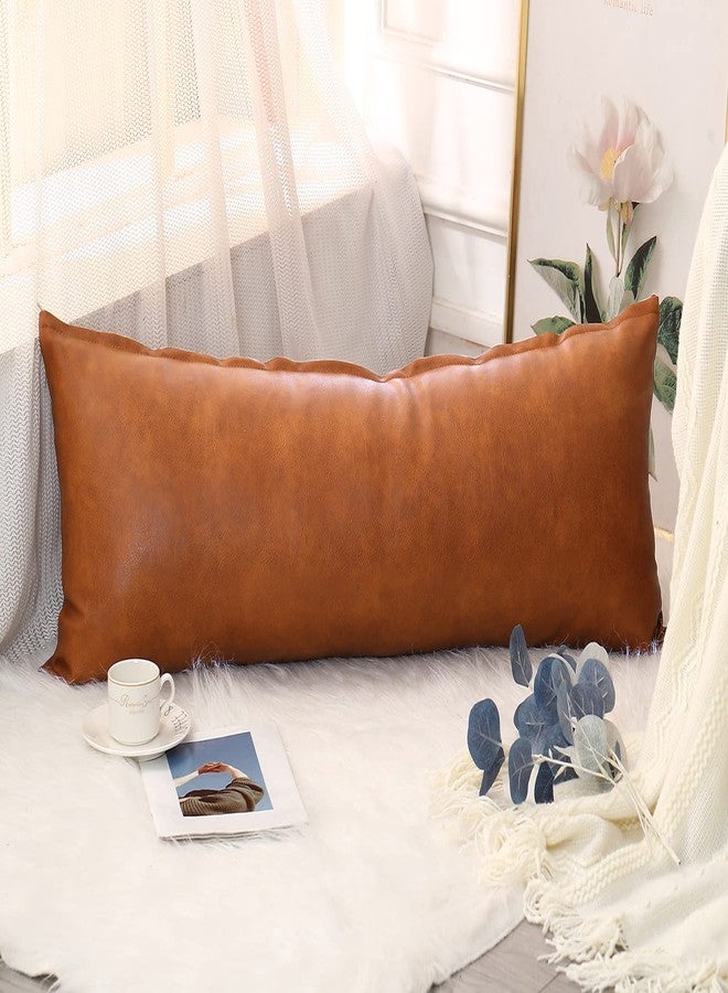 PANOD Decorative Lumbar Throw Pillow Covers 12 x 40,Premium Faux Leather Long Pillow Covers Cushion Case for Farmhouse Sofa Couch Bed Livingroom,Modern Boho,Vegan Brown - Image 3