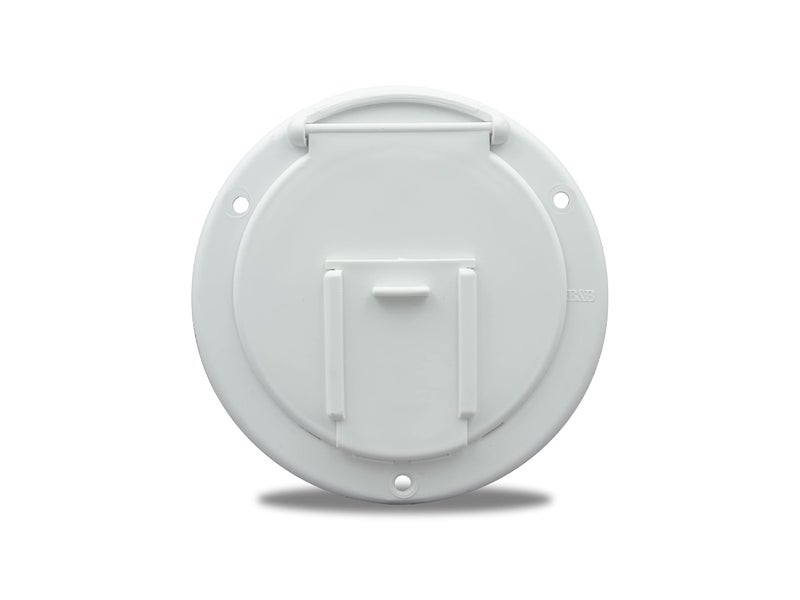 Thetford Thetford|B&B Molders RV Replacement Parts and Accessories Camper Round Electrical Cable Cord/Jack Cover Hatch with Back Polar White PN 94328  - Image 1