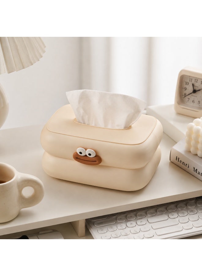 Cute Tissue Box Cover with Cartoon Face – Modern Decorative Napkin Holder for Home, Office & Bedroom – Pearl Ivory - Image 1