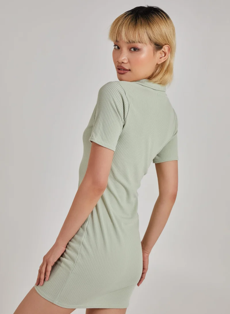 Pink Vanilla Short Sleeve Collar Neck Rib Mini Dress