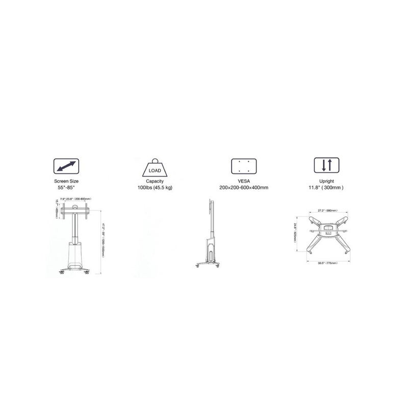 ان بي ايرجونوميك حامل تلفزيون أرضي آلي  لتلفزيونات 55–85 بوصة، يتحمل حتى 45.5 كجم، قابل لتعديل الارتفاع من 1200–1500 مم، VESA  600×400 مم، حامل تلفزيون متنقل مزود بعجلات، أسود  | G85 - Image 4