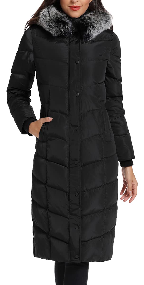 Molodo Womens Long Down Coat with Fur Hood Maxi Down Parka Puffer Jacket L BBlack