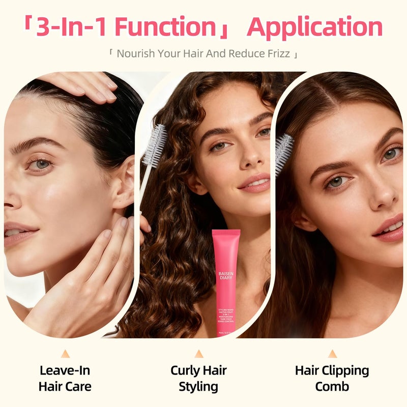 BAISEN DIARY Hair Cactus Fruit 3-in-1 Hair Styling Cream & Flyaway Taming Wand â€“ Sleek Finish, Frizz Control, Edge Smoothing & Hair Shine | Natural Oils Formula | Lightweight, Non-Greasy, Travel Size Styling Stick - Image 3
