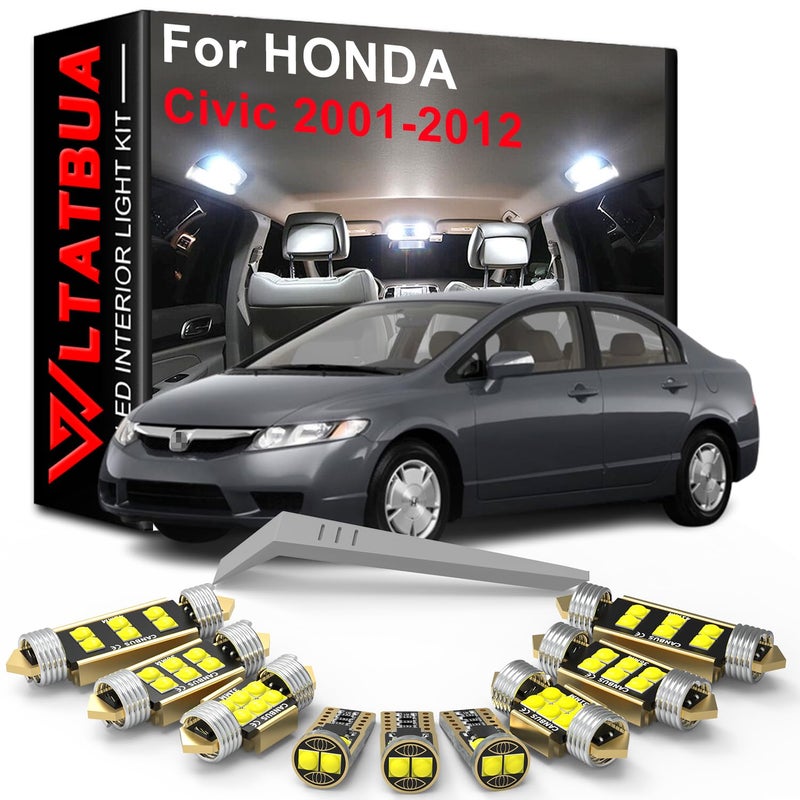 LED Interior Light Kit Package Replacement for HONDA Civic 2001 2002 2003 2004 2005 2006 2007 2008 2009 2010 2011 2012 Super Bright 6000K White Bulbs Install Tool