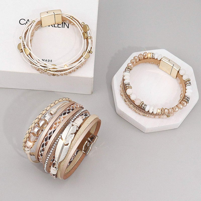 Wovanoo Leather Wrap Bracelet Set 3Pack Wrist Cuff Bracelet for Women Multilayer Magnetic Clasp Bracelet Feather Tree Bead Crystal Bracelet Crystal - Image 5