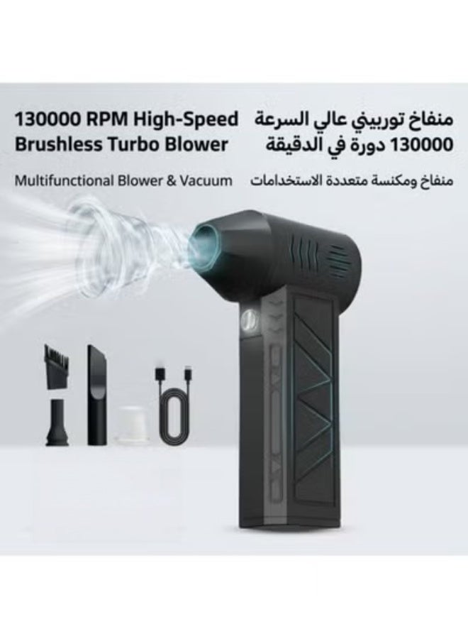 BSQ Handheld Cordless Car Vacuum Cleaner & Air Duster Blower, 130000RPM High Power Turbo Fan with LED Light, 4 Adjustable Speeds Rechargeable Mini Blower for Car, Computer, Keyboard, Home Outdoor Cleaning, Black - Image 1