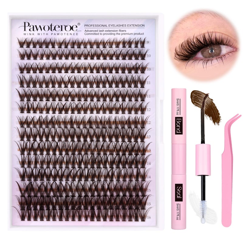 Pawotence Lash Extension Kit DIY 280pcs Brown Lash Clusters Eyelash Extension Kit 40D 916mm Individual Lashes Kit with Lash Bond and Seal Lash Tweezers for Self Use Brown 40D 916mm Kit