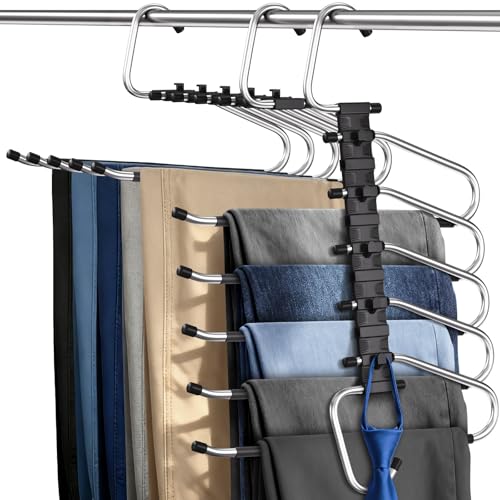 MERDTTES Pants Hangers 2 Pack Space Saving Metal Closet Organizer, Anti-Slip Design, Multi-Layer Space Saving Hangers, Closet Organizers and Storage for Jeans, Trousers, Skirts, Scarves, Slacks, Black - Image 1
