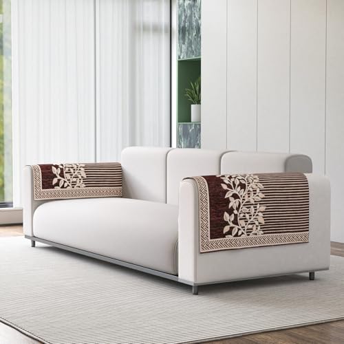 Nendle Premium Chenille Floral Sofa Mat Arms Cover Only – Soft & Durable Protector for L Shape/Standard Sofa Set (58 cm, Brown, 1 Piece) - Image 1