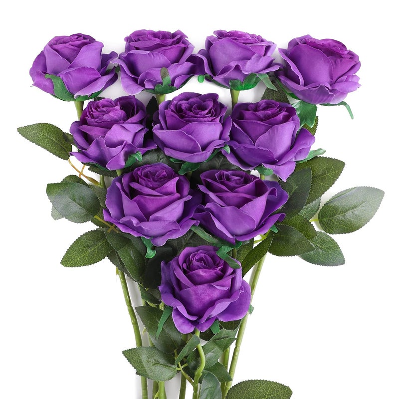 JUSTOYOU 10Pcs Artificial Roses Flowers Realistic Blossom Roses Real Touch Silk Rose Single Fake Flower Long Stem Bouquets for Home Wedding Party Decoration