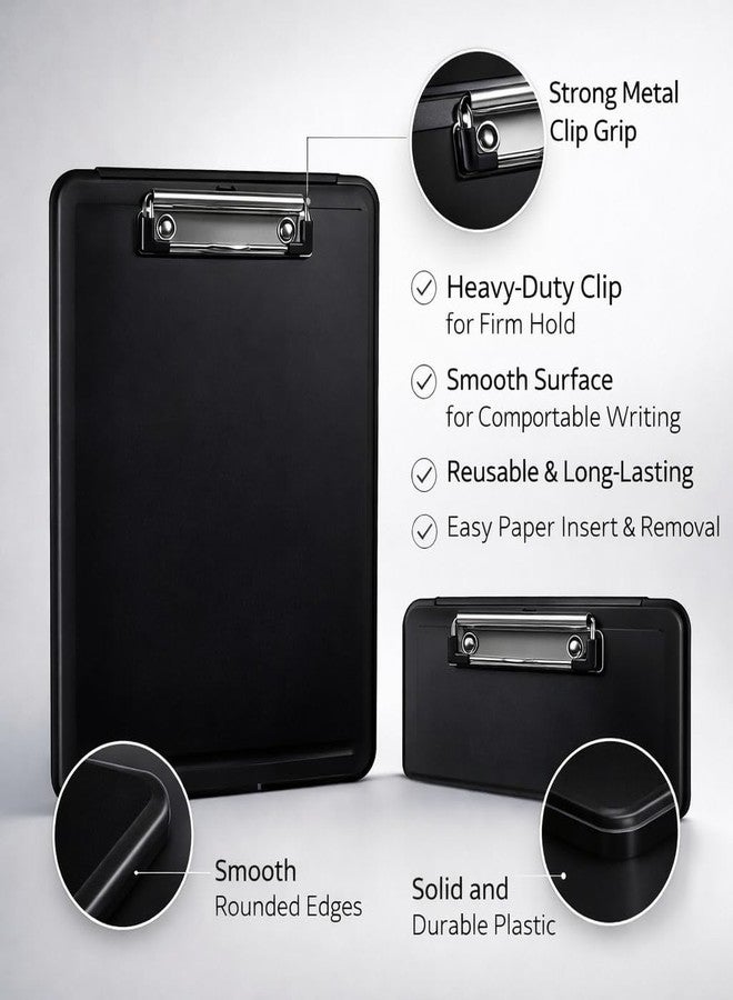 KWIZEAN Black Clipboard with Storage Compartment | Durable Plastic Clipboard Box with Paper Holder, Pen Slot & Secure Clip | Lightweight Writing Pad for Office, School & Field Use - 1Pc - Image 4