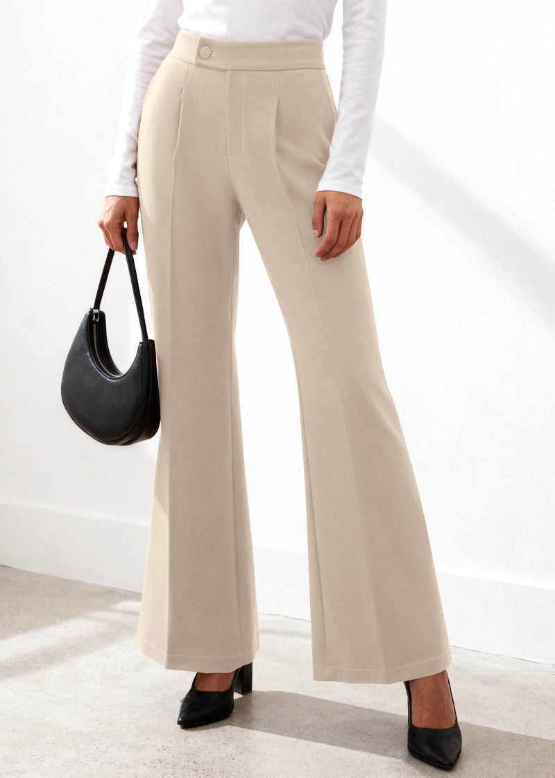 KIRUNDO Womens Dress Pants High Waisted Wide Leg Pleated Trousers Flare Palazzo Slacks Pockets Business Casual Outfits(Beige, Small) - Image 4