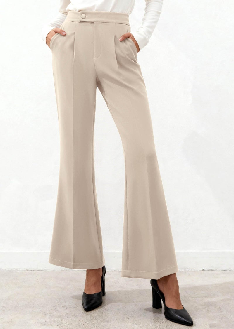 KIRUNDO Womens Dress Pants High Waisted Wide Leg Pleated Trousers Flare Palazzo Slacks Pockets Business Casual Outfits(Beige, Small) - Image 2