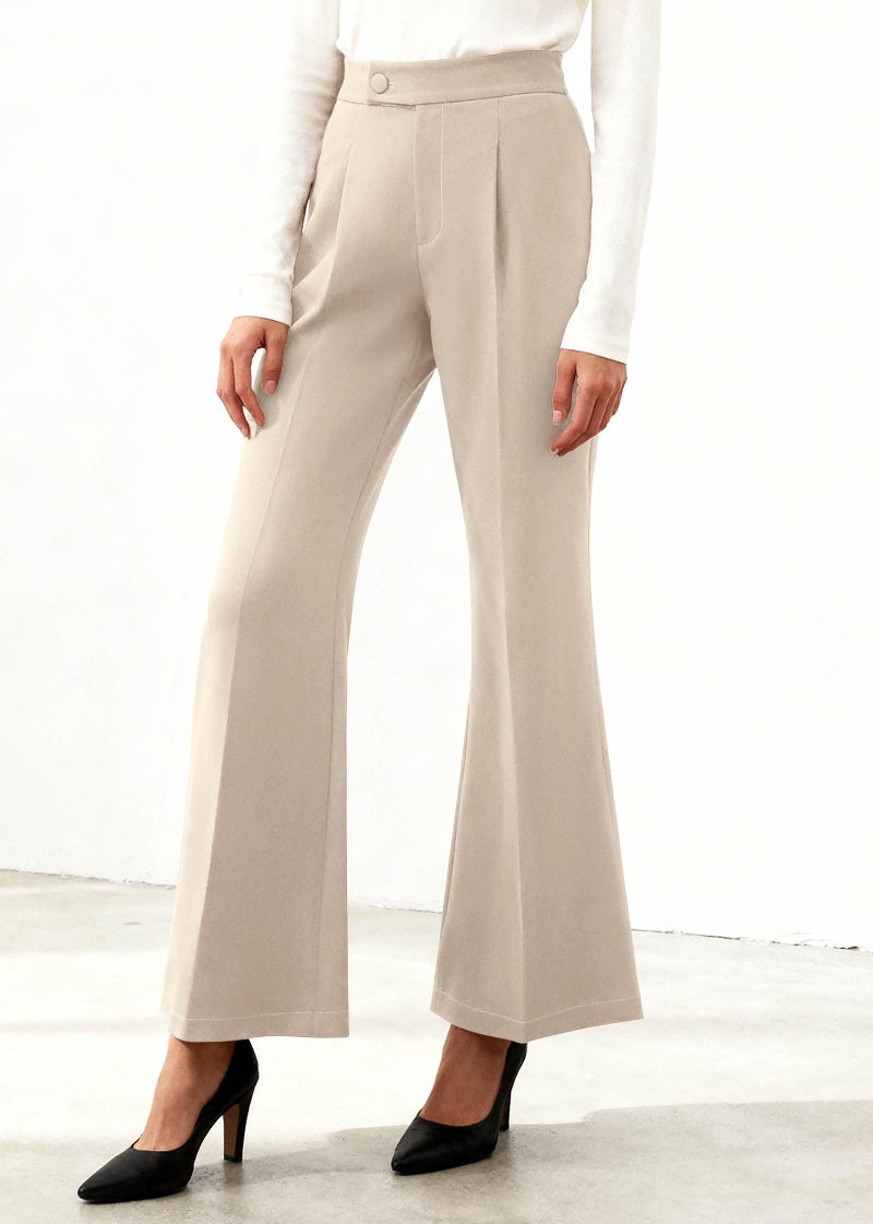 KIRUNDO Womens Dress Pants High Waisted Wide Leg Pleated Trousers Flare Palazzo Slacks Pockets Business Casual Outfits(Beige, Small) - Image 3