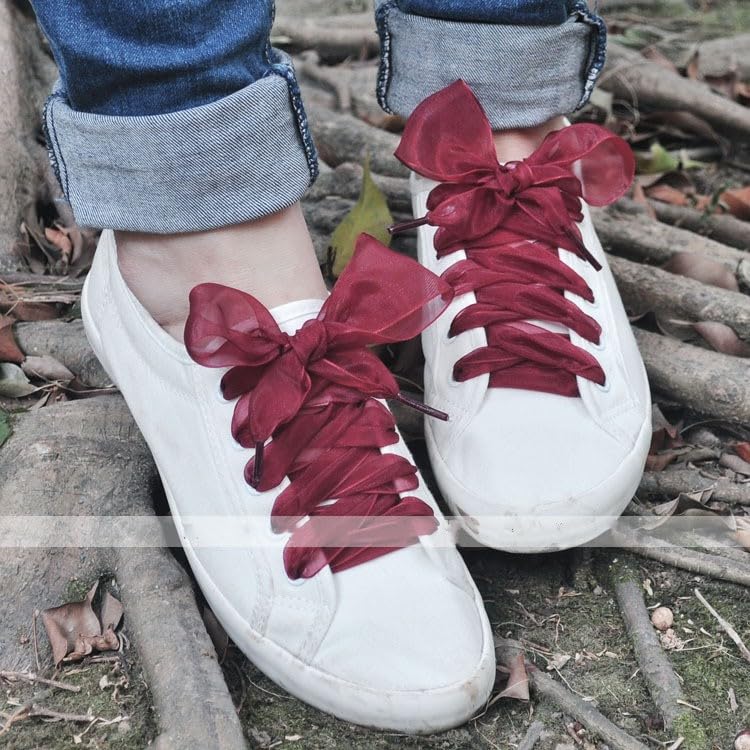 MarJunSep Satin Ribbon Shoe Laces for Sneakers, Flat Lace Shoelaces for Women Girls Shoestrings 4CM Wide (1 Pair Burgendy, 47") - Image 2