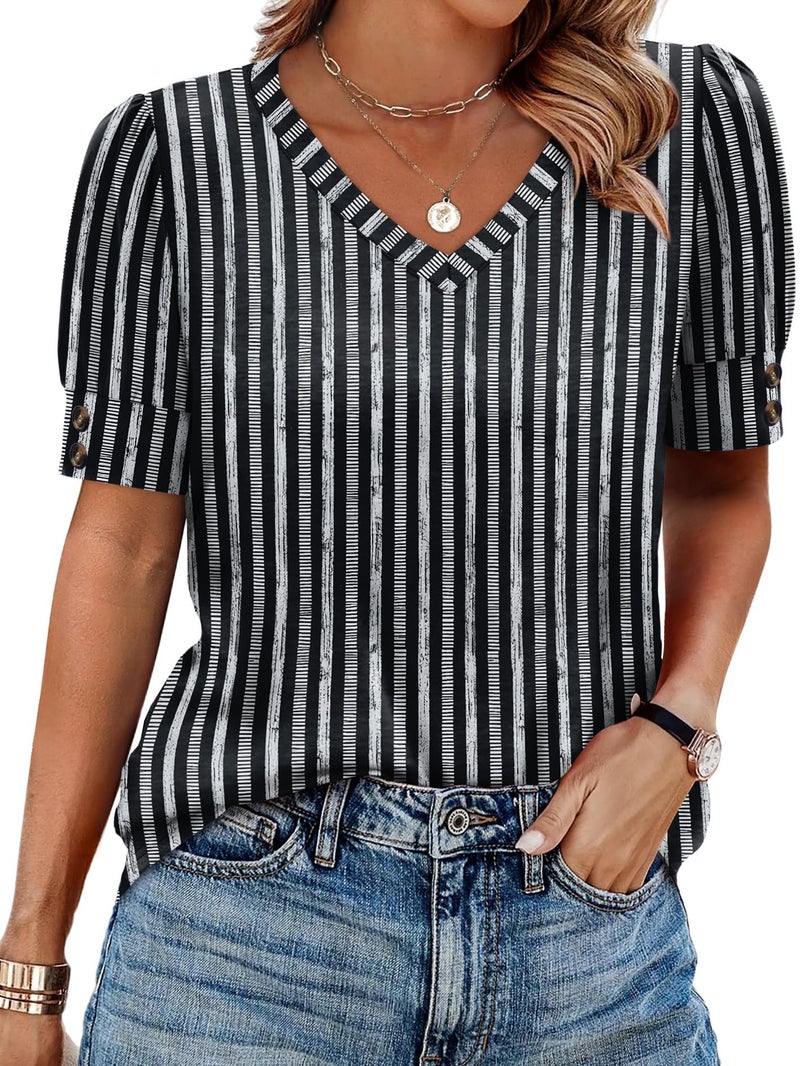 OFEEFAN Womens Blouses Dressy Casual Short Sleeve Tshirts Shirts Plus Size Summer Tops Business Casual Outfits Fashion Clothing Black Striped 2XL - Image 1