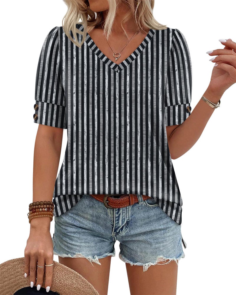 OFEEFAN Womens Blouses Dressy Casual Short Sleeve Tshirts Shirts Plus Size Summer Tops Business Casual Outfits Fashion Clothing Black Striped 2XL - Image 2