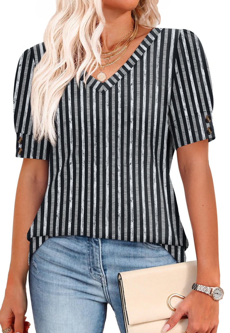 OFEEFAN Womens Blouses Dressy Casual Short Sleeve Tshirts Shirts Plus Size Summer Tops Business Casual Outfits Fashion Clothing Black Striped 2XL - Image 4