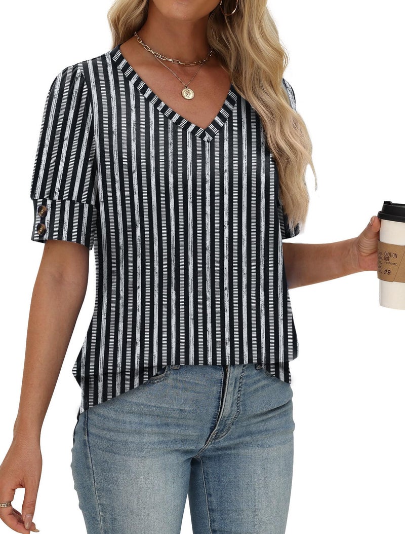 OFEEFAN Womens Blouses Dressy Casual Short Sleeve Tshirts Shirts Plus Size Summer Tops Business Casual Outfits Fashion Clothing Black Striped 2XL - Image 3