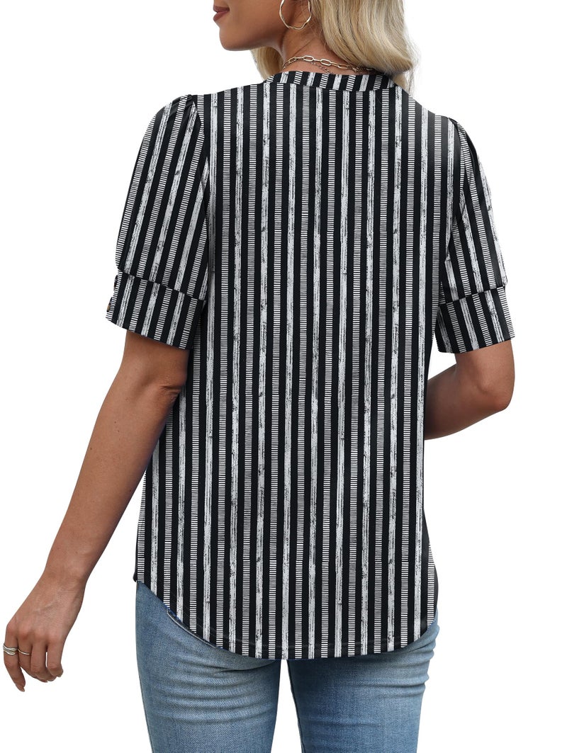 OFEEFAN Womens Blouses Dressy Casual Short Sleeve Tshirts Shirts Plus Size Summer Tops Business Casual Outfits Fashion Clothing Black Striped 2XL - Image 5