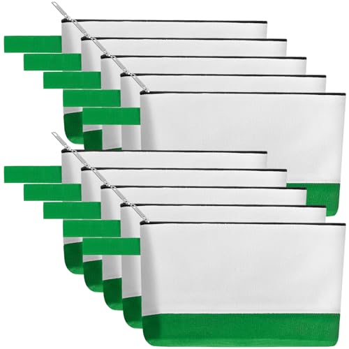 Sinzip 10 Pieces Cotton Canvas Makeup Bag with Bottom and Strap MultiPurpose Cosmetic Bag with Zipper Travel Toiletry Pouch Blank DIY Craft Bag WhiteGreen L - Image 1