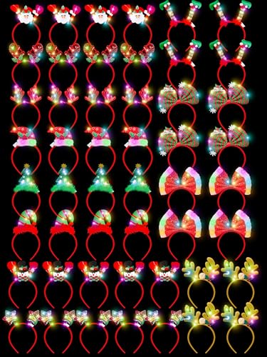 HOVACY 50 PCS Light Up Christmas Headband LED Lights Christmas Head Topper Santa Hat Reindeer Antler Tree Leprechaun Hat Bow Headbands Bulk for Adults Xmas Holiday Party Favors Photo Supplies - Image 1