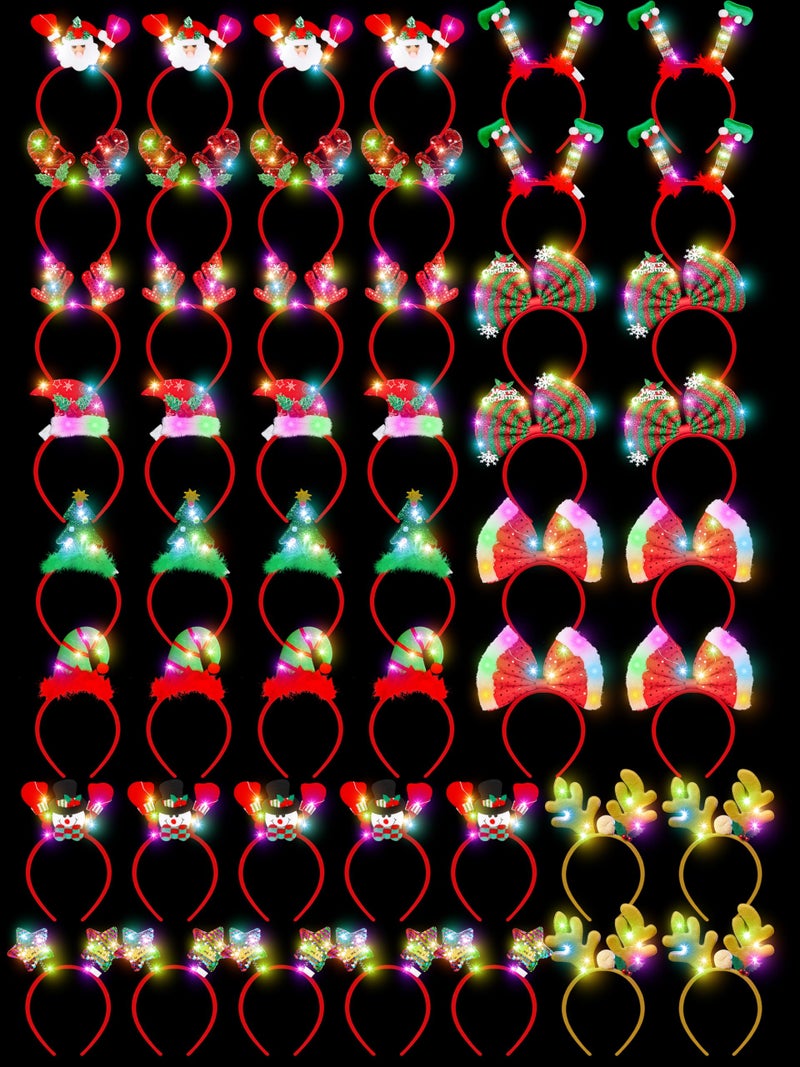 HOVACY 50 PCS Light Up Christmas Headband LED Lights Christmas Head Topper Santa Hat Reindeer Antler Tree Leprechaun Hat Bow Headbands Bulk for Adults Xmas Holiday Party Favors Photo Supplies - Image 3