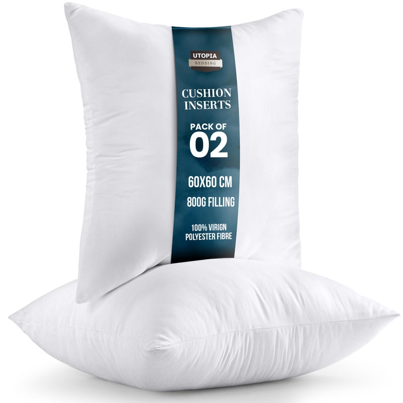 Utopia Bedding Cushion Inner Pads Pack of 2 60 x 60 cm 24 x 24 inches Cushion Stuffer Inserts Hollowfibre Pillows White