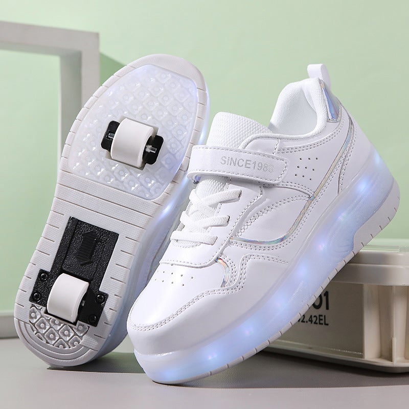 Walking shoes deformation shoes two-wheel dual-use roller skating shoes double-row walking shoes autumn and winter roller skating shoes factory wholesale 1988 White
