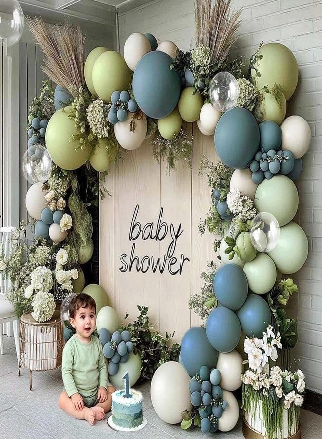 Partycus Dusty Blue Green White Balloon Arch Double Stuffed Dark Slate Blue Dusty Olive Mist Green Pastel Balloon Garland Kit with Clear Bobo for Birthday Neutral Baby Shower Bridal Wedding Party Decoration - Image 2