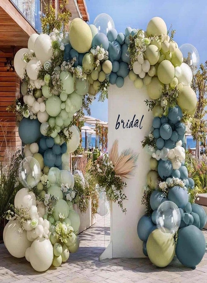 Partycus Dusty Blue Green White Balloon Arch Double Stuffed Dark Slate Blue Dusty Olive Mist Green Pastel Balloon Garland Kit with Clear Bobo for Birthday Neutral Baby Shower Bridal Wedding Party Decoration - Image 1