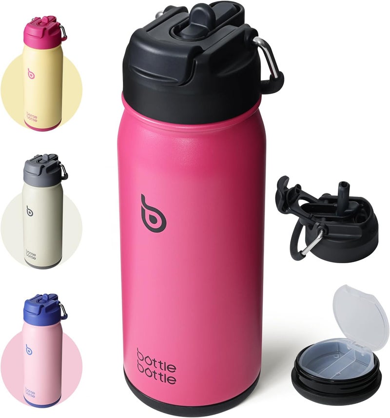 bottle bottle زجاجة زجاجة 16 أونصة من الفولاذ المقاوم للصدأ معزولة زجاجة ماء رياضية مع قشة وحامل حبوب - فيفا ماغينتا - Image 1