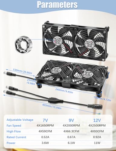 WDERAIR 4 x 120mm Server Rack Mount Fan 12V with AC 110V 120V 220V 240V Variable Speed Controller, High Airflow for DIY Mining Rig, AV Cabinet, Modem, Window, Greenhouse Cooling Ventilation - Image 5