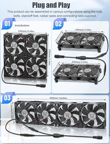 WDERAIR 4 x 120mm Server Rack Mount Fan 12V with AC 110V 120V 220V 240V Variable Speed Controller, High Airflow for DIY Mining Rig, AV Cabinet, Modem, Window, Greenhouse Cooling Ventilation - Image 3