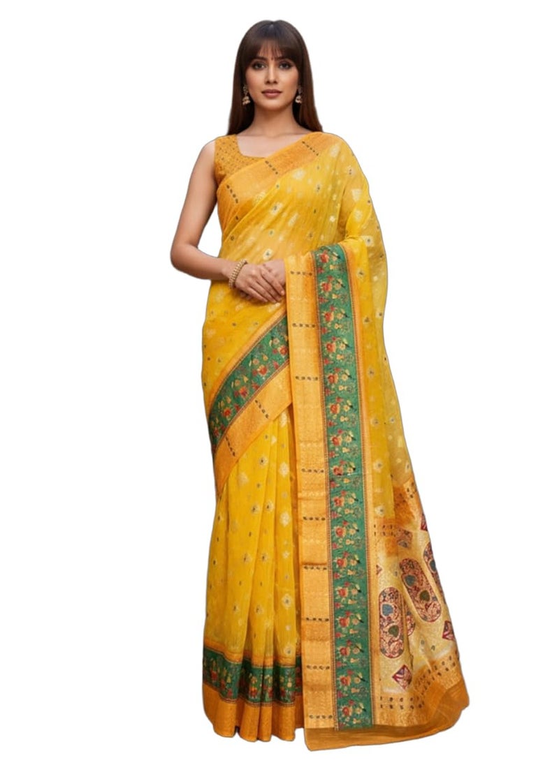 Glory Sarees Women’s Digital Print Cotton Woven Banarasi Silk Saree With Blouse Piece (Varnamala_Silk108) - Image 1