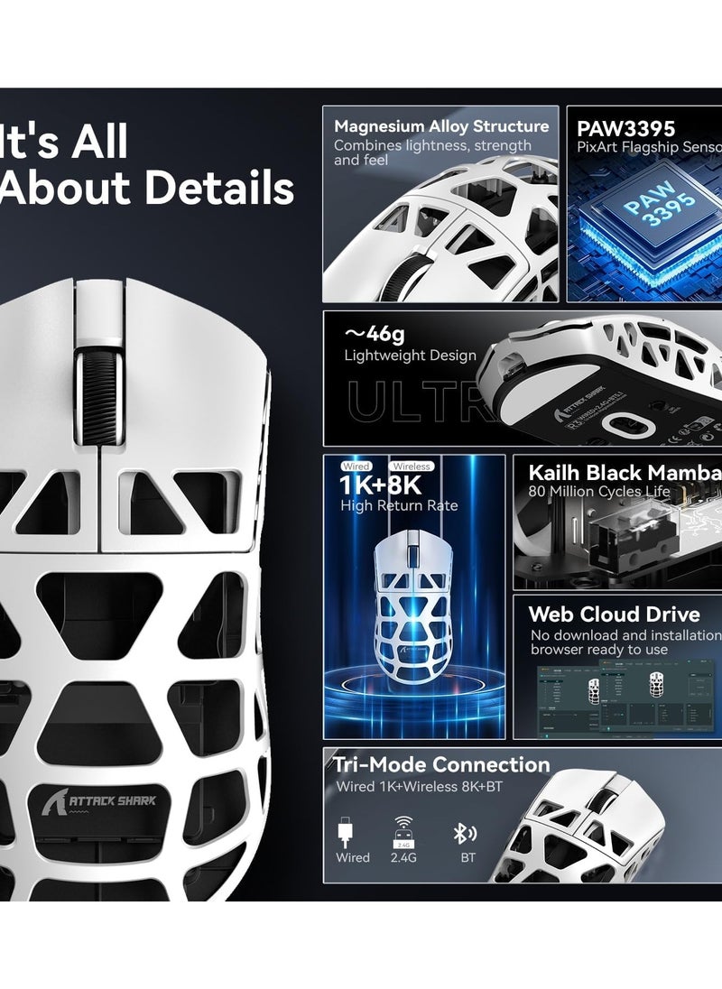 R3 Wireless Gaming Mouse,PAW3395 26K DPI 8KHz Polling Rate,Magnesium Alloy 46g Ultralight,Programmable Tri-Mode BT/2.4G/Wired Computer Mice with Coiled Cable - White