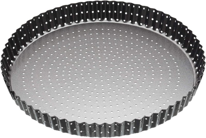 MasterClass Crusty Bake 28 cm Perforated Quiche Tin with PFOA Non Stick and Loose Bottom Fluted Robust 1 mm Carbon Steel Black