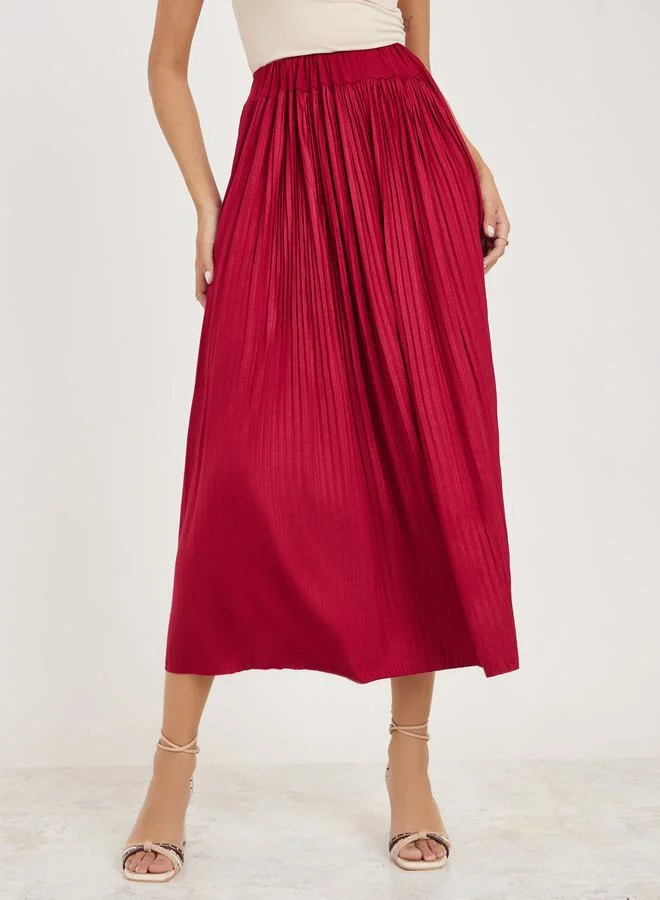 Take Two Solid Plisse Detail Elastic Waistband Midi Skirt
