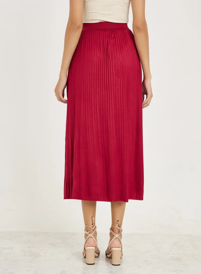 Take Two Solid Plisse Detail Elastic Waistband Midi Skirt