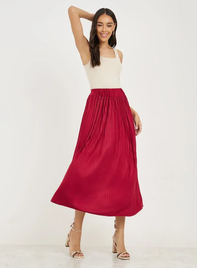 Take Two Solid Plisse Detail Elastic Waistband Midi Skirt