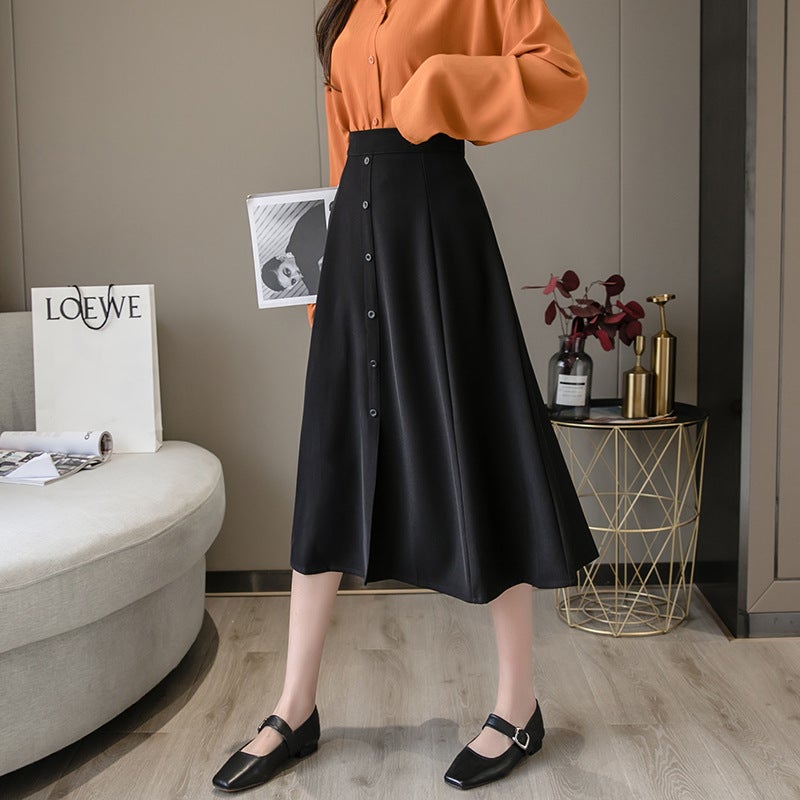 Mid-Length Skirt 2023 Style Buckle All-Match High Waist Large Swing Skirt Suitable For Thick Hip And Thigh Skirt - Image 2