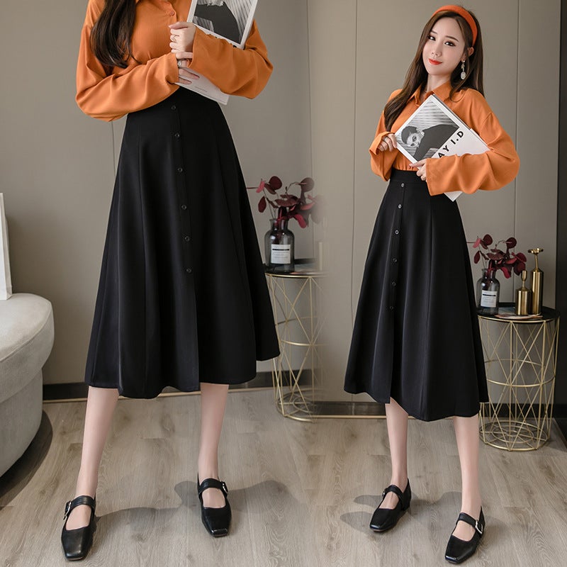 Mid-Length Skirt 2023 Style Buckle All-Match High Waist Large Swing Skirt Suitable For Thick Hip And Thigh Skirt - Image 1