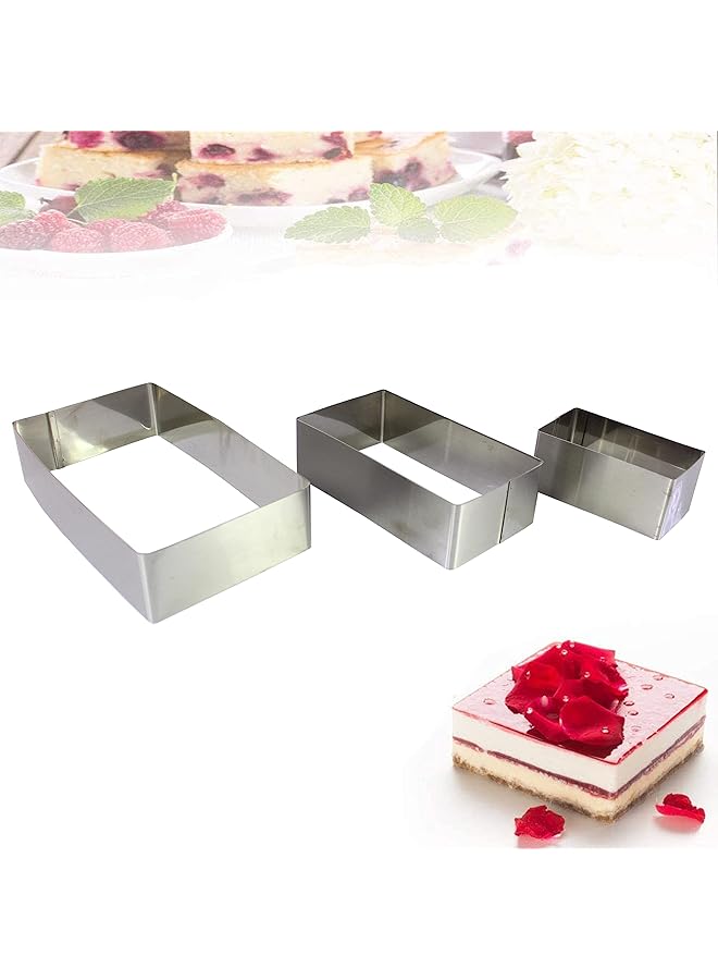 Biki Stainless Steel Cake Rings Set Rectangular Tiramisu Cake Mold Cheese Cutter Pastry Baking Tool (4", 6", 8" In 3 Dimensions, Rectangular) - Image 2
