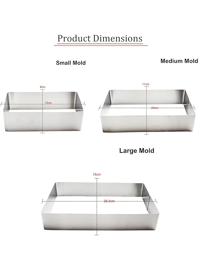 Biki Stainless Steel Cake Rings Set Rectangular Tiramisu Cake Mold Cheese Cutter Pastry Baking Tool (4", 6", 8" In 3 Dimensions, Rectangular) - Image 3